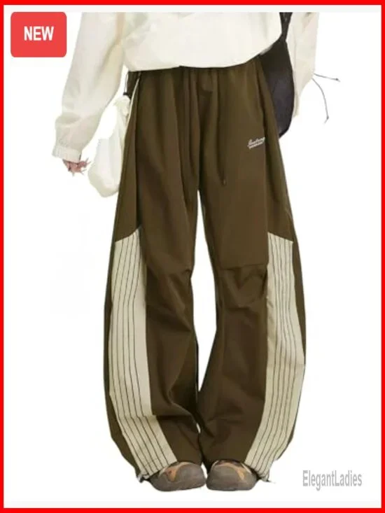Striped Track Pants Baggy Sweatpants Parachute Wide Leg Cargo with Drawstring - Picture 4 of 6